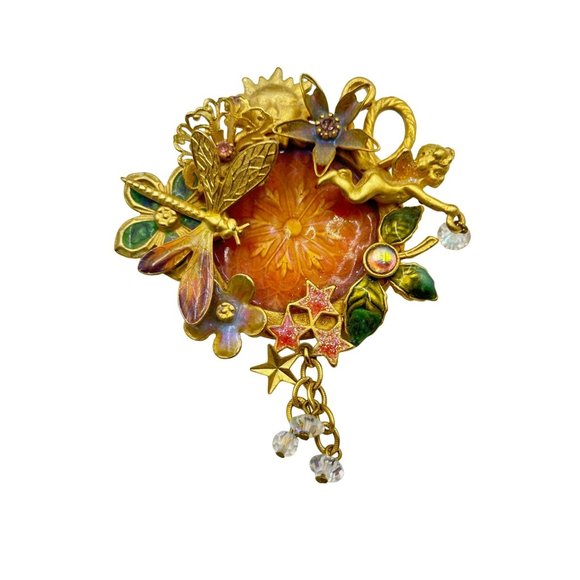 Kirks Folly Fairy Wishing Pool Pin Gold Tone Dragonfly Flowers Whimsical Brooch - Picture 1 of 5